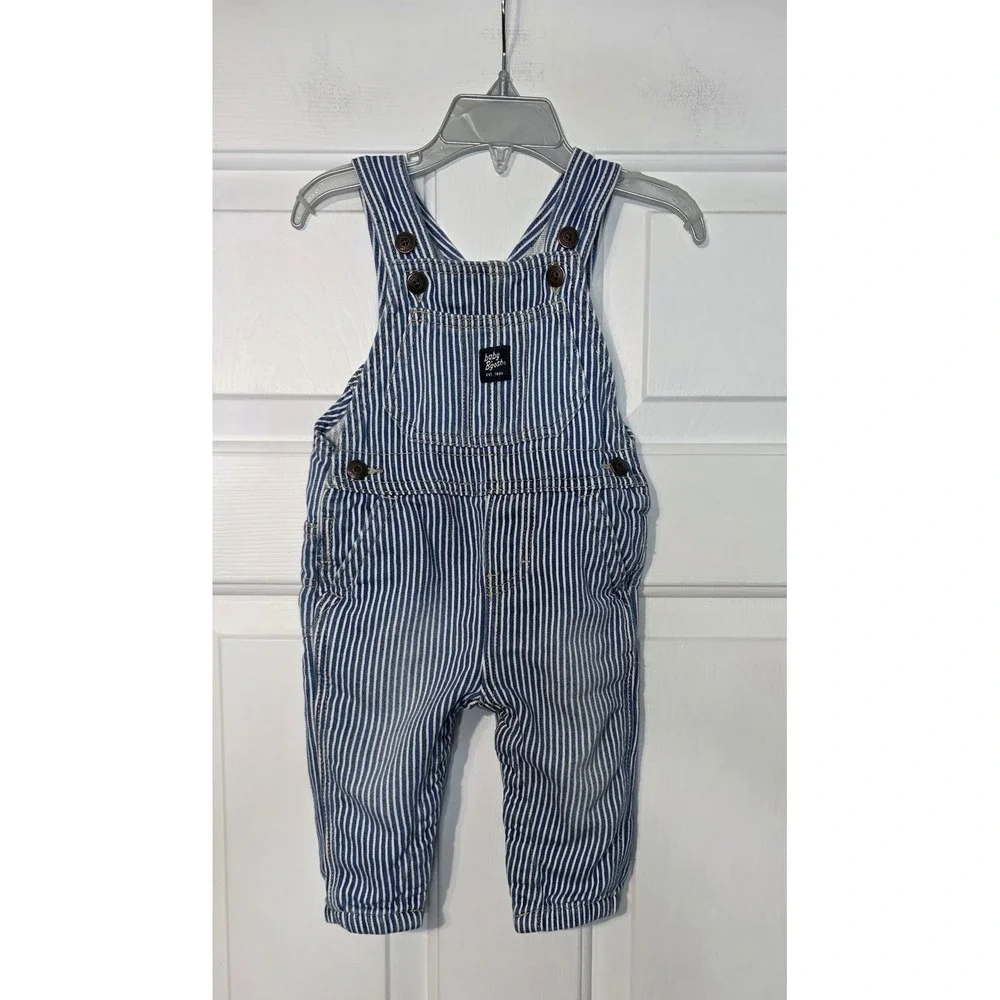 Vintage Oshkosh Bgosh Baby 9 Month Striped‎ Overalls Conductor Bib Denim